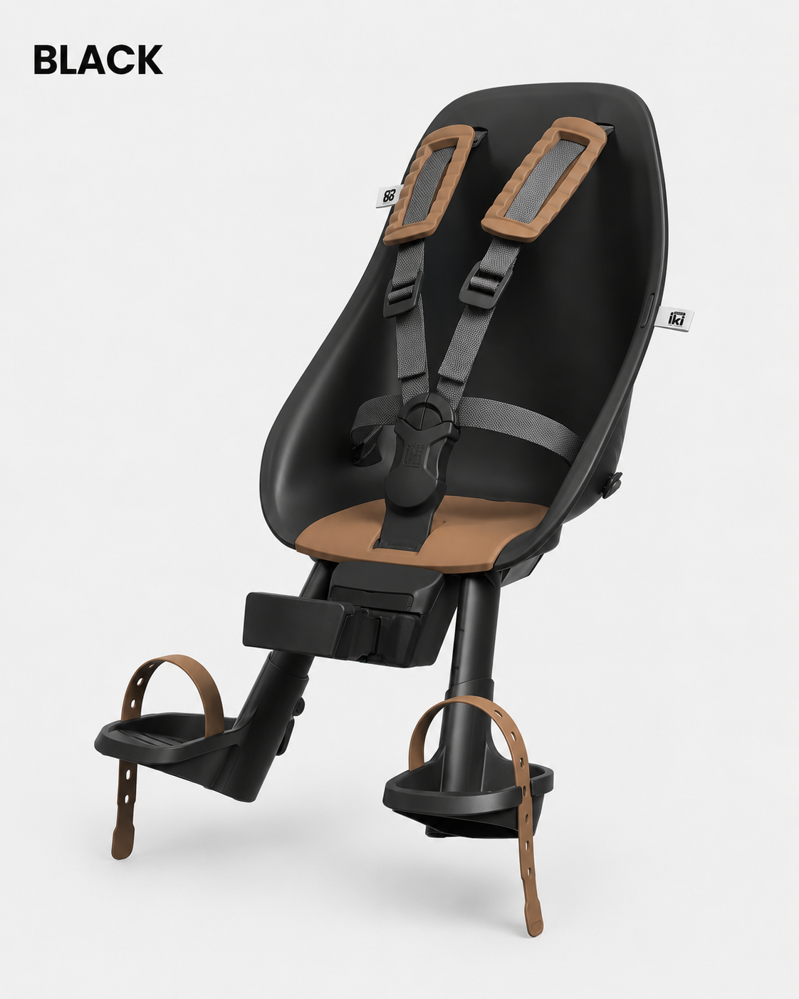 Black and brown child seat with straps on a white background