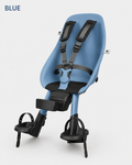 Blue children's bike seat with black straps on a white background