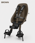 Brown children's bike seat with black straps on a white background