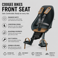 Coogee Bikes front seat with features listed on a gray background
