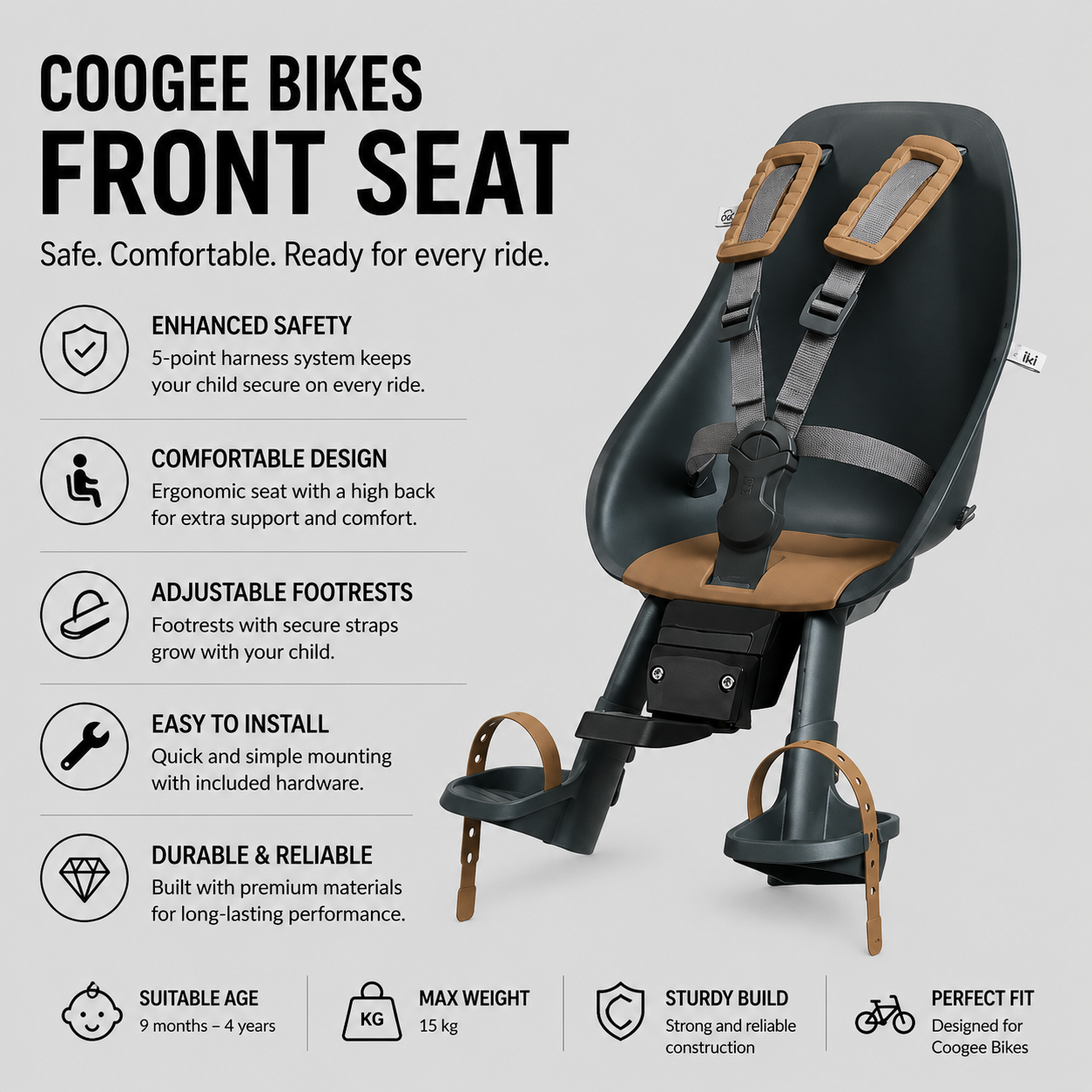 Coogee Bikes front seat with features listed on a gray background