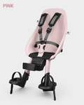Pink child bike seat with black straps on a white background